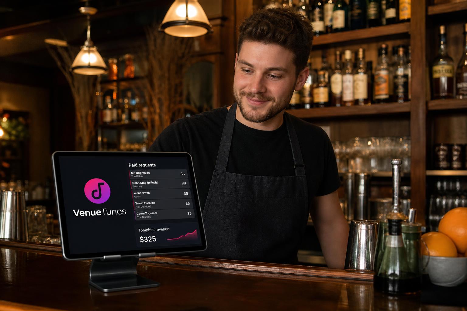 Bartender pulling a beer under a VenueTunes display.