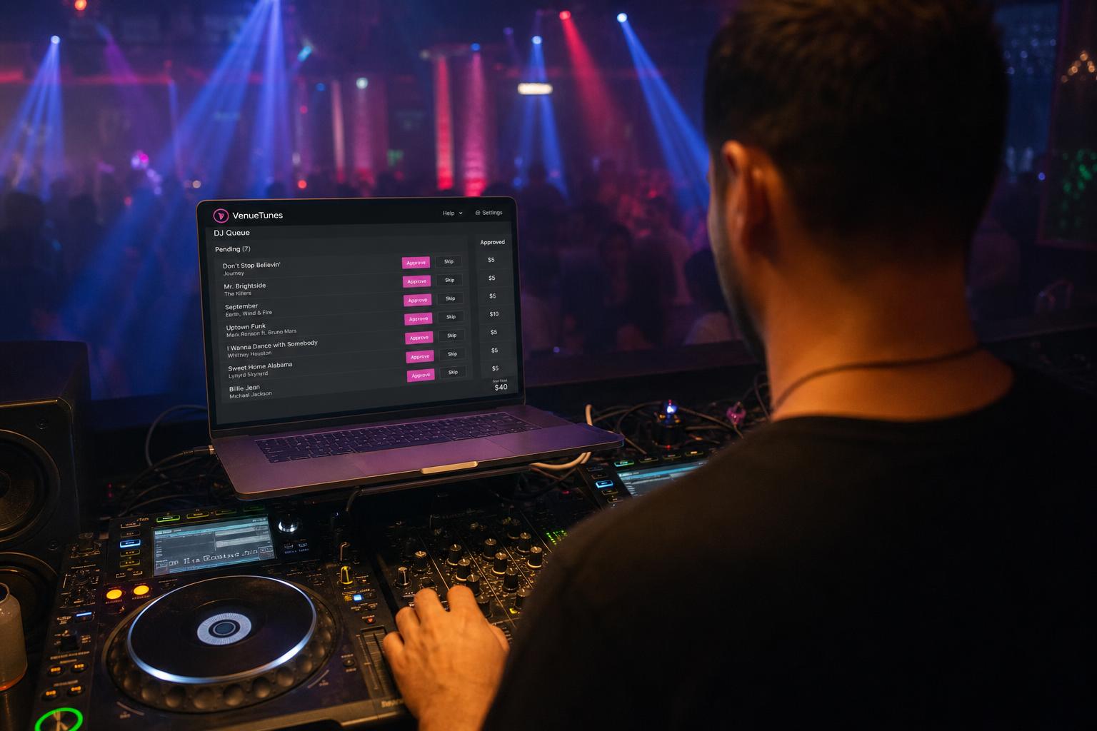 DJ booth showing the live request queue on a tablet.