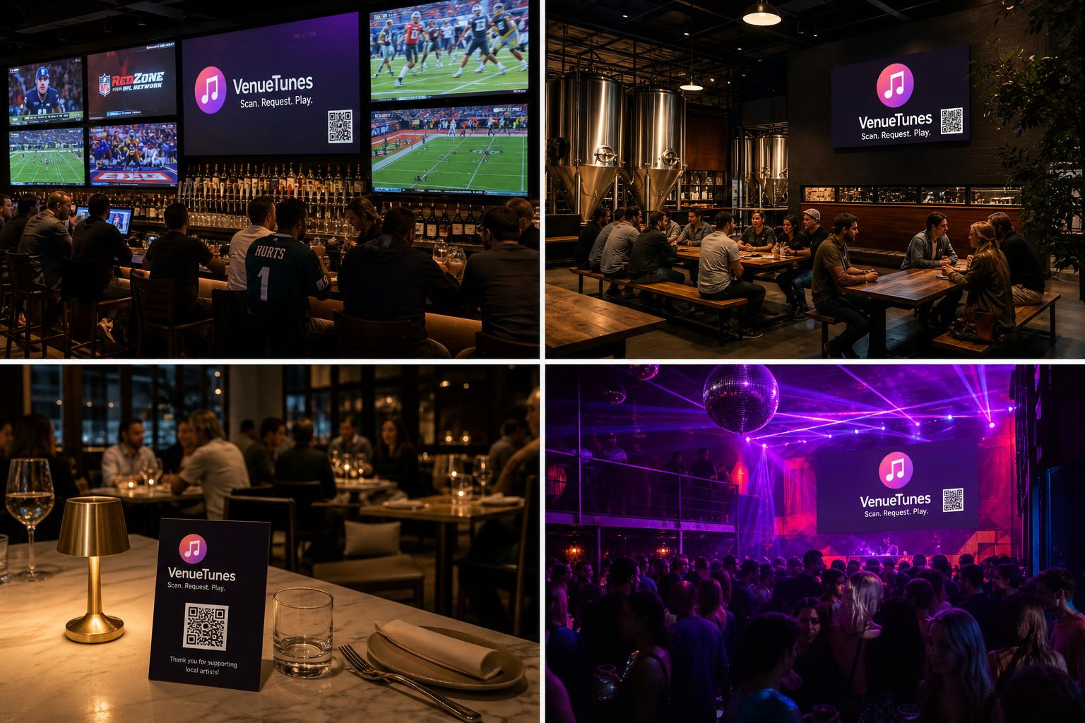 Three different venue interiors: cocktail bar, brewery taproom, hotel lobby lounge.