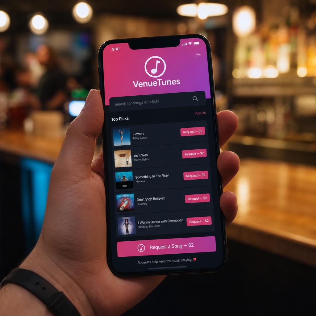 Customer app on a phone showing song search and request buttons.
